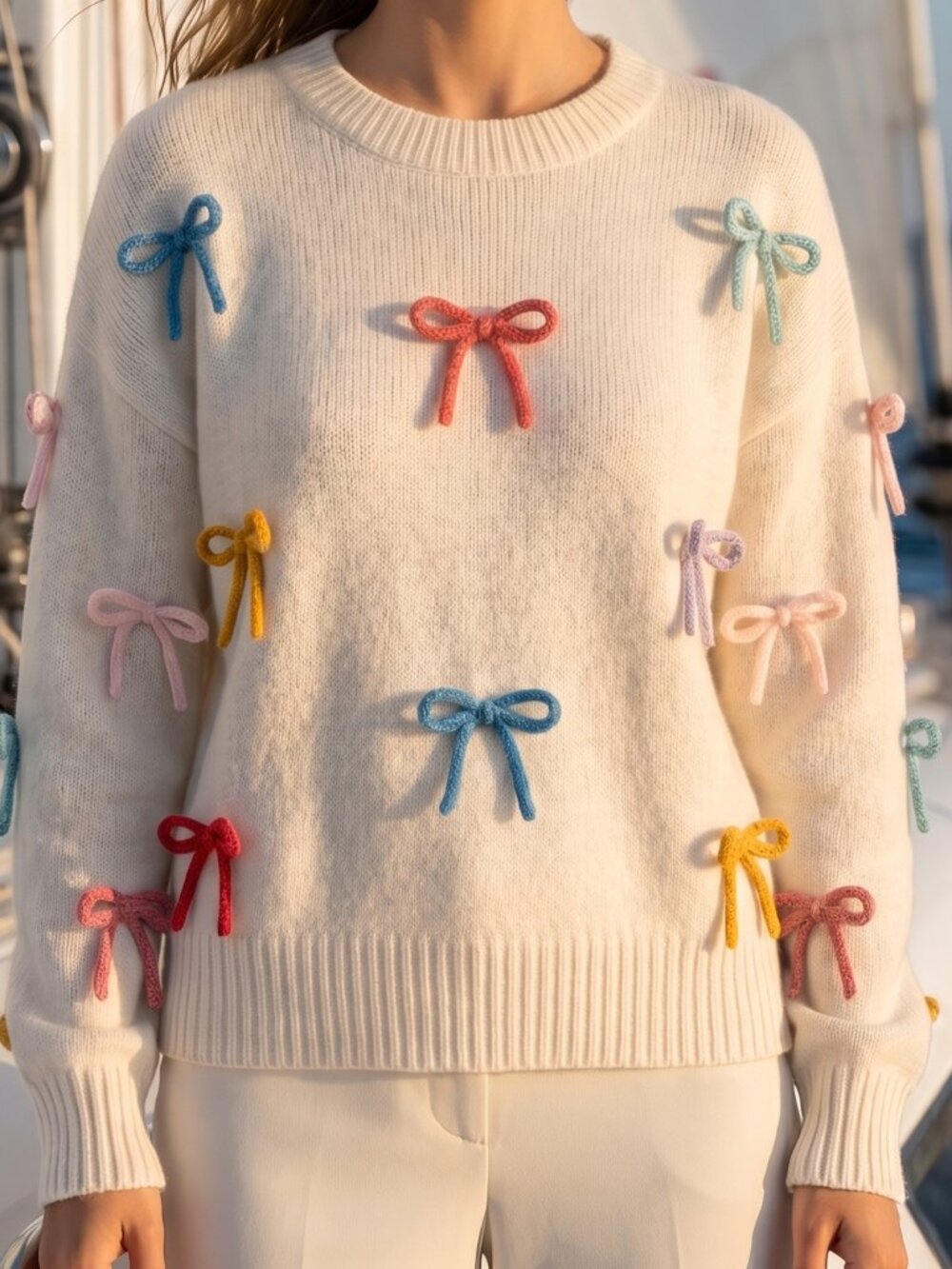 NEW! Dreamers By Debut whimsical off-white sweater with yarn bows XL - Picture 3 of 12